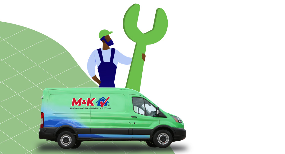 Illustration of man with giant wrench standing by truck